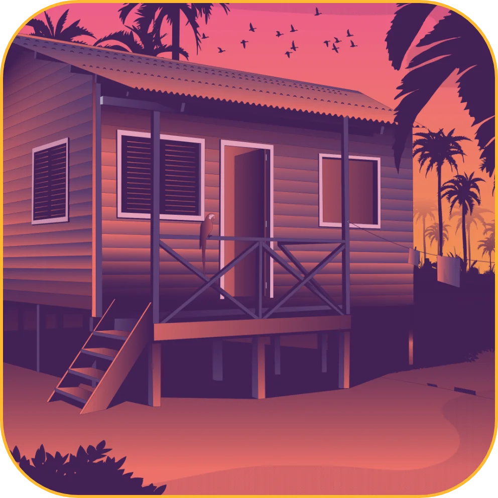 Et hus på pæle mellem palmer